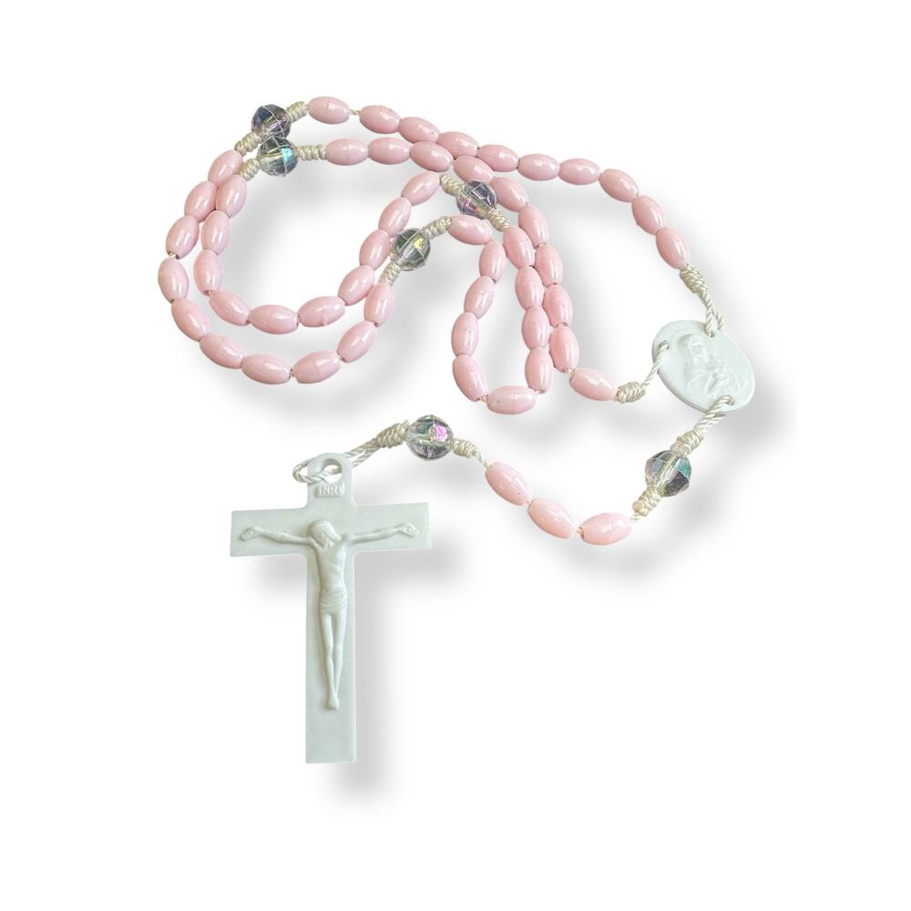 Pink Plastic Rosary Beads on White Cord - Pre-Loved